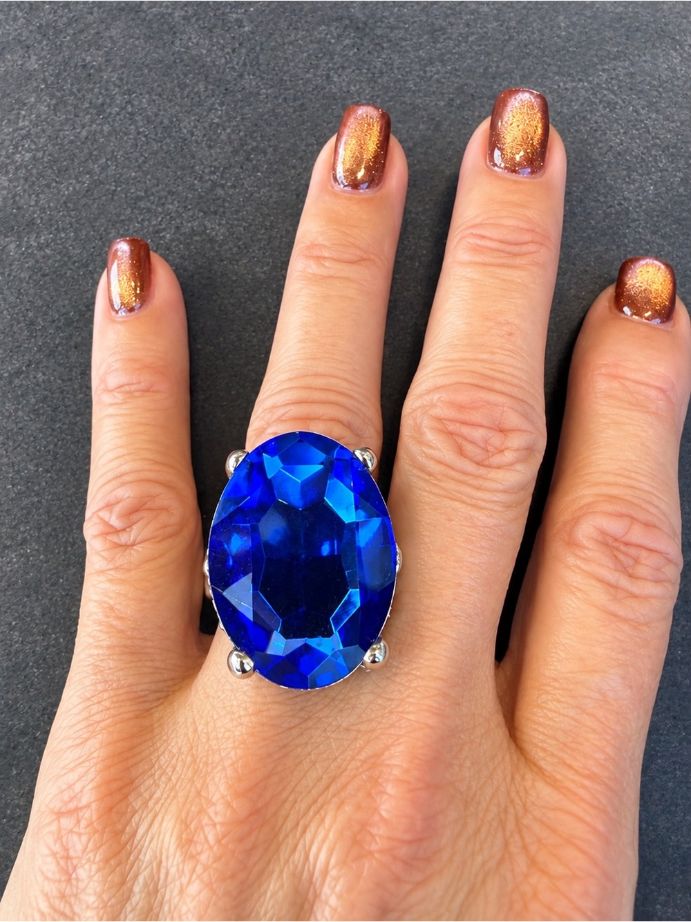 Large Blue Oval Cocktail Ring Silver Tone Adjustable Statement Costume Jewelry